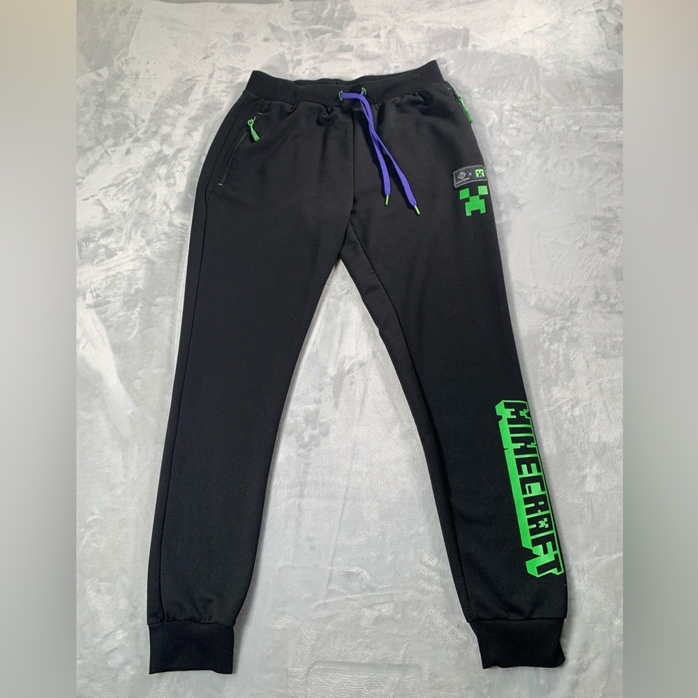 Black Minecraft Sweatpants with Green Logo